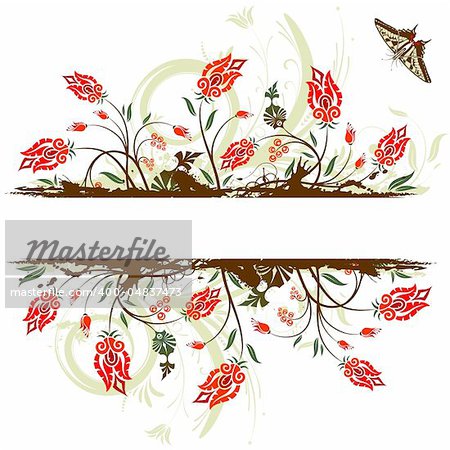 Grunge flower frame with butterfly, element for design, vector illustration