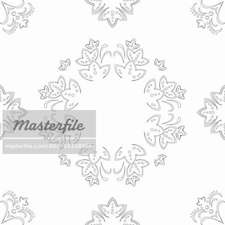 Abstract vector seamless background with a symbolical flower pattern, monochrome graphic contours