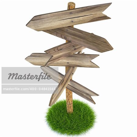 old wooden arrow on the grass isolated on white including clipping path