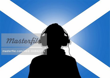 Illustration of a person wearing headphones in-front of the flag of Scotland