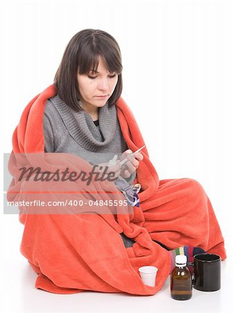 young adult sick woman. over white background