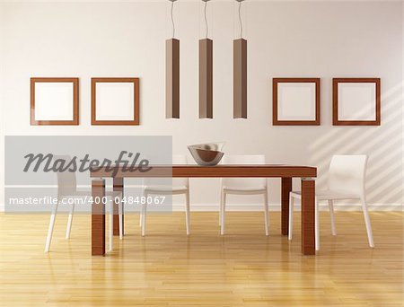 elegant dining room with wooden table and white chair - rendering