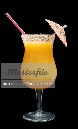 A papaya smoothie in cocktail glass garnished with a red drinking straw and paper sunshade on black (Selective Focus, Isolated)