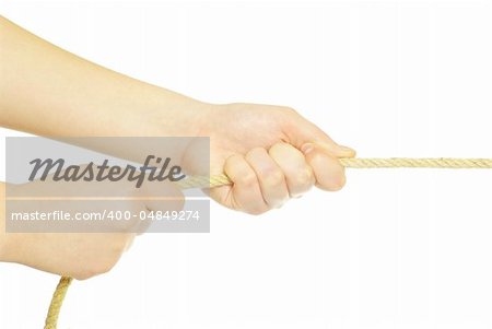 Hands and rope isolated on white background