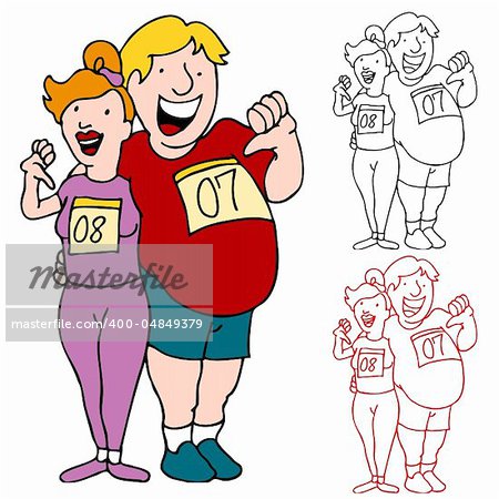 An image of a overweight couple ready to run a race to lose weight.