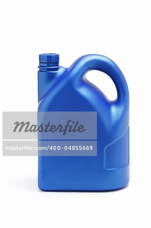 Plastic container of lubrication oil on white background