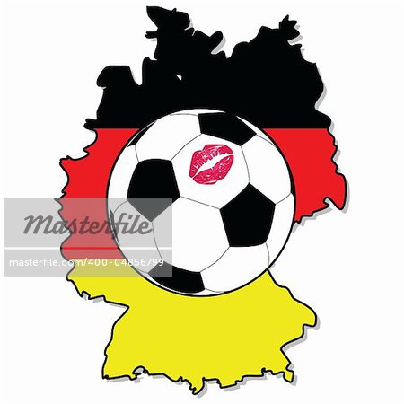 Illustration of a soccer ball with a lipstick mark on it over a map of Germany with the country's flag