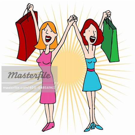 An image of two girls holding hands with shopping bags.