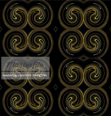 Seamless continuous background, textile pattern or wallpaper in yellow and brown on a black background that looks like rams horns.