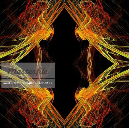 Diamond shaped continuous fractal pattern in yellow and red on a black background.