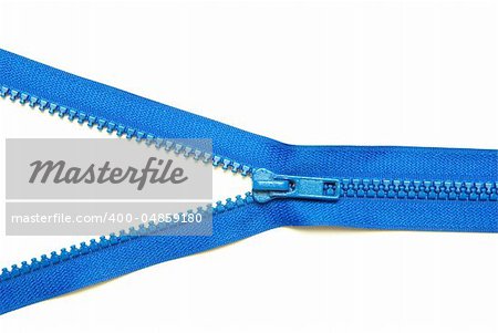 Unzipped blue metal zipper on white background