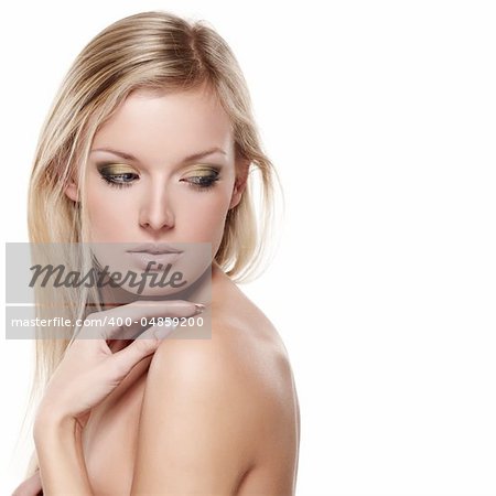 Portrait of beautiful female model on white background