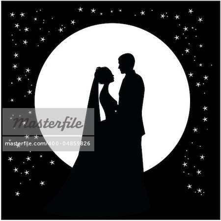 silhouette of a dancing couple married against the backdrop of the moon and the sky