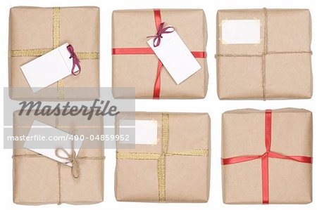 gift box with ribbon and blank label on white background