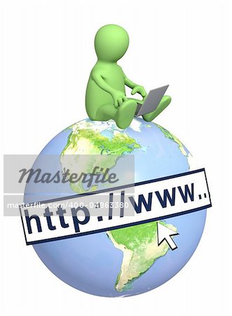 Puppet with laptop on Earth. Isolated over white