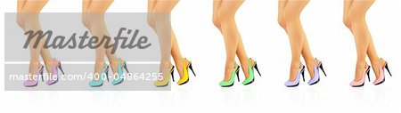 Collage - beautiful women legs in color high heels isolated on white background