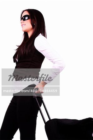 beautiful business girl with a travel bag over white background