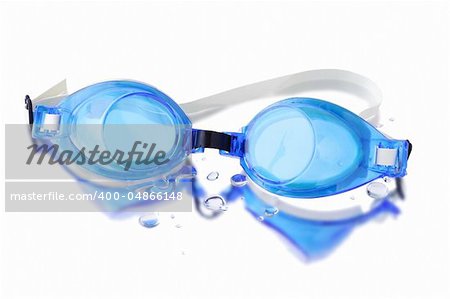 Wet swimming goggles with reflection on white background
