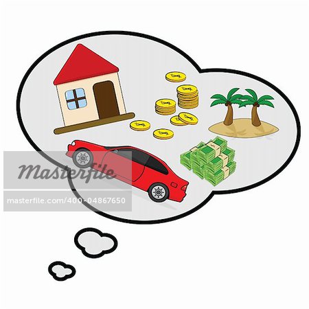 Cartoon illustration showing a thought bubble with things a person is wishing for: house, car, money and a tropical island