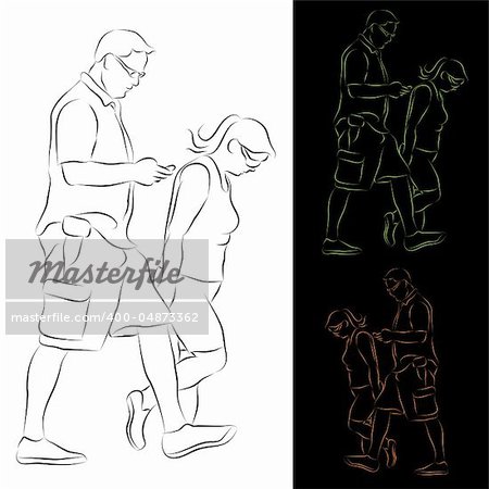 An image of a couple going for a walk line drawing.