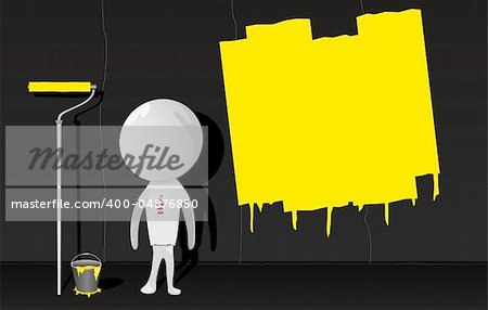 illustration of white man with paint roller and yellow paint