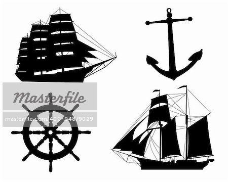 silhouettes of sailboats,  anchors  and steering wheel on a white background