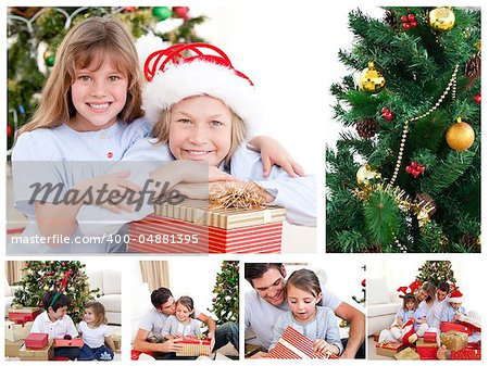 Collage of a family celebrating Christmas