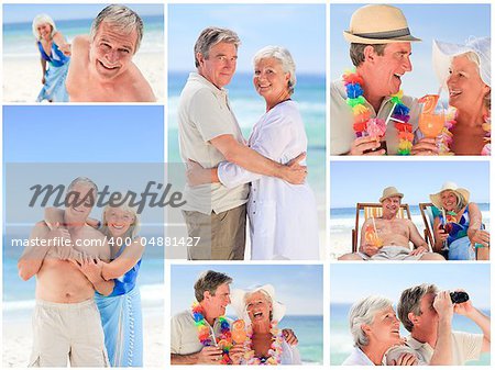 Collage of a mature couple on the beach