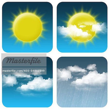 Weather icon: sun, cloudy small, cloudy big and rain
