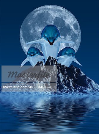 This image shows 3 generated dolphins with moon and mountain