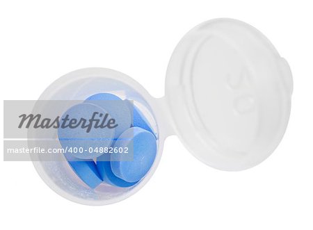 Blue pills and pill bottle on white  background with space for text