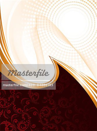 abstract red background with ornament and orange waves