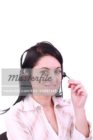 Headset. Customer service operator woman with headset smiling looking at camera. Beautiful mixed race Arabic Caucasian call center woman isolated on white background.