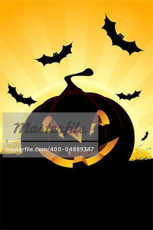 Halloween background with pumpkin in grass  bats and full moon