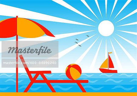 vector background with deck chair under umbrella on the beach, Adobe Illustrator 8 format