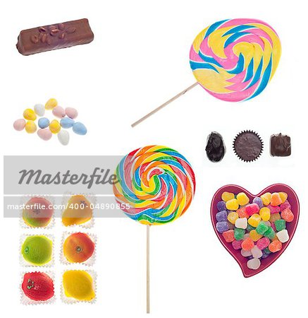 Assorted Candies and Sweets Isolated on White with a Clipping Path.