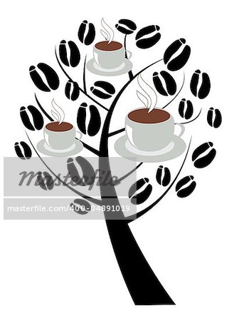 Vector illustration of a coffee tree with beans and cups