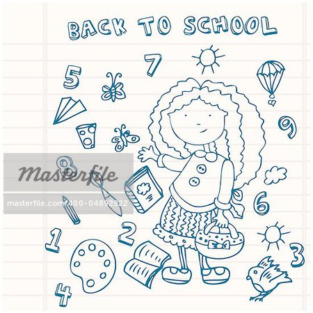 School girl background. Cartoon icons set