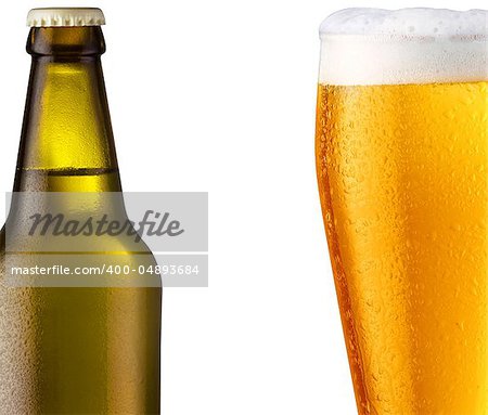 Beer mug and bottle isolated on white