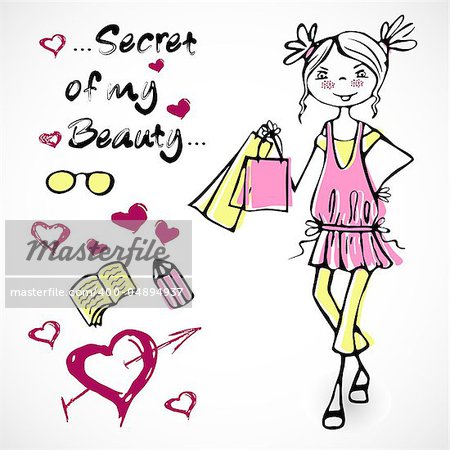 Cute vector fashion glamour smile girl on a pink dress in cartoon style