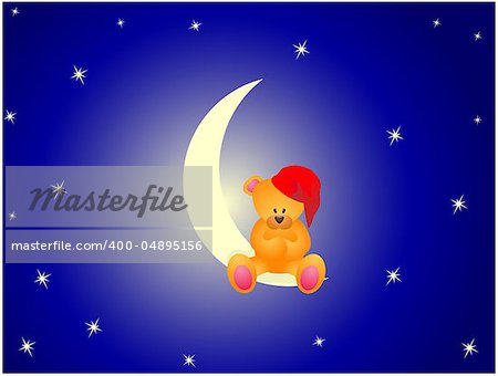 Teddy bear in a New Year's hat sitting on a crescent moon among the stars