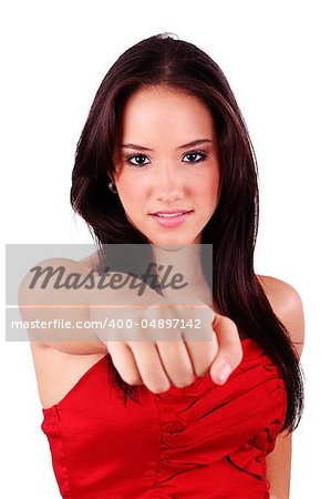 Portrait of an attractive young female punching. Isolated on white background