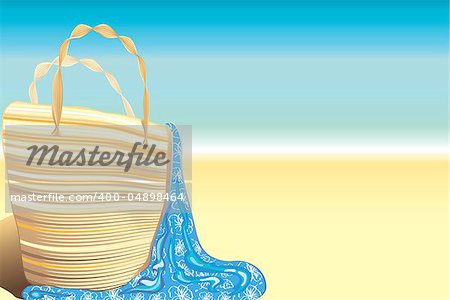 Beach background with illustration of somebody's beach bag and pareo and with place for your text. Also available as a vector in Adobe Illustrator EPS format, compressed in a zip file. The vector version can be scaled to any size without loss of quality.