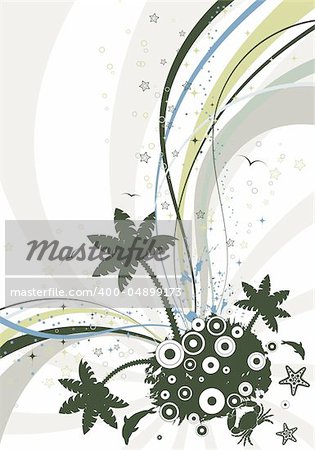 Grunge summer background with palm tree, dolphin, starfish, circle, wave pattern, vector illustration