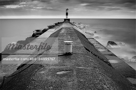 Black and white image of Grand Marais, Minnesota. view on the Lake Superior.