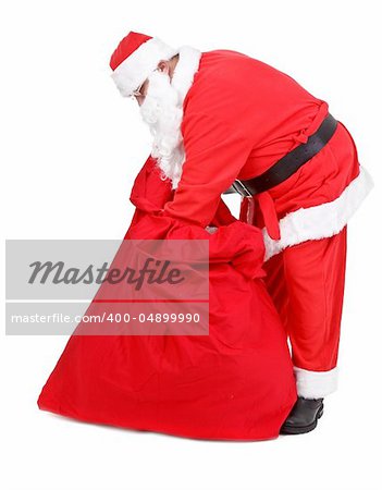 Santa Claus is looking for gifts on white background