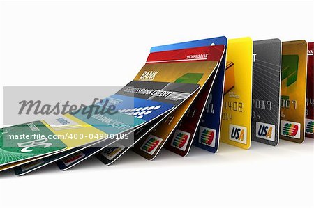 Credit cards in a row falling - credit card debt concept