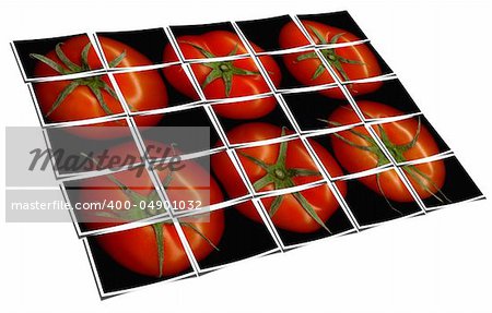 tomato on black background puzzle collage cut out composition over white