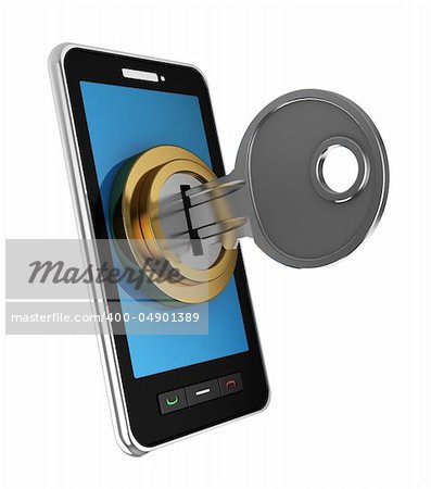 3d illustration of mobile phone locked with key