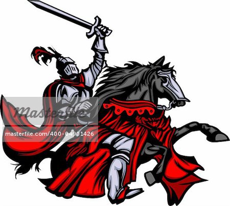 Knight with armour riding a horse and raising sword